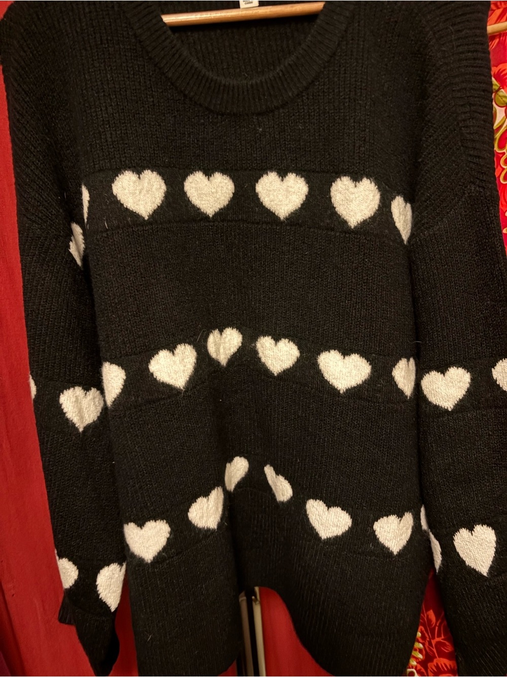 CeCe Black Sweater with White Heart Pattern